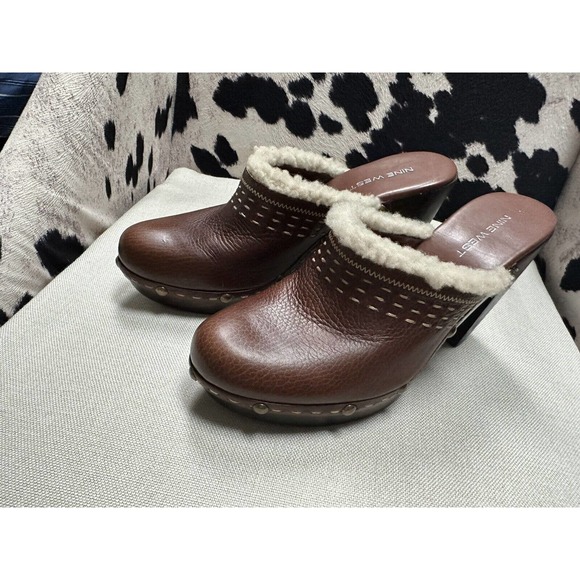 Nine West Sherpa Mules‎ Clogs Wooden Sole in Brown Leather ~8.5M - Picture 3 of 6